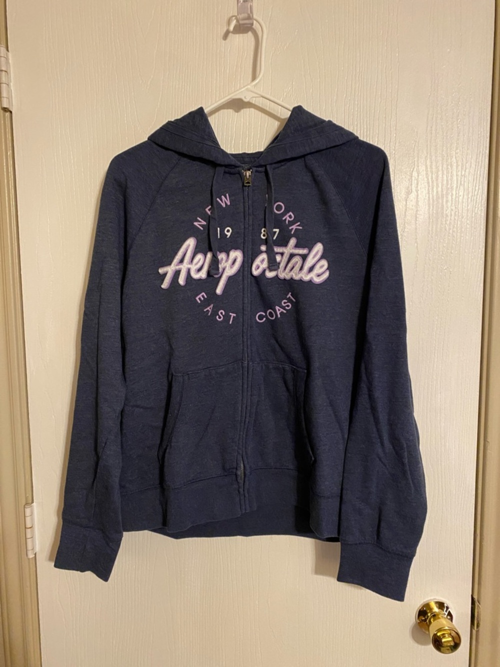Aeropostale Navy Full-Zip Hoodie with Light Pink Script